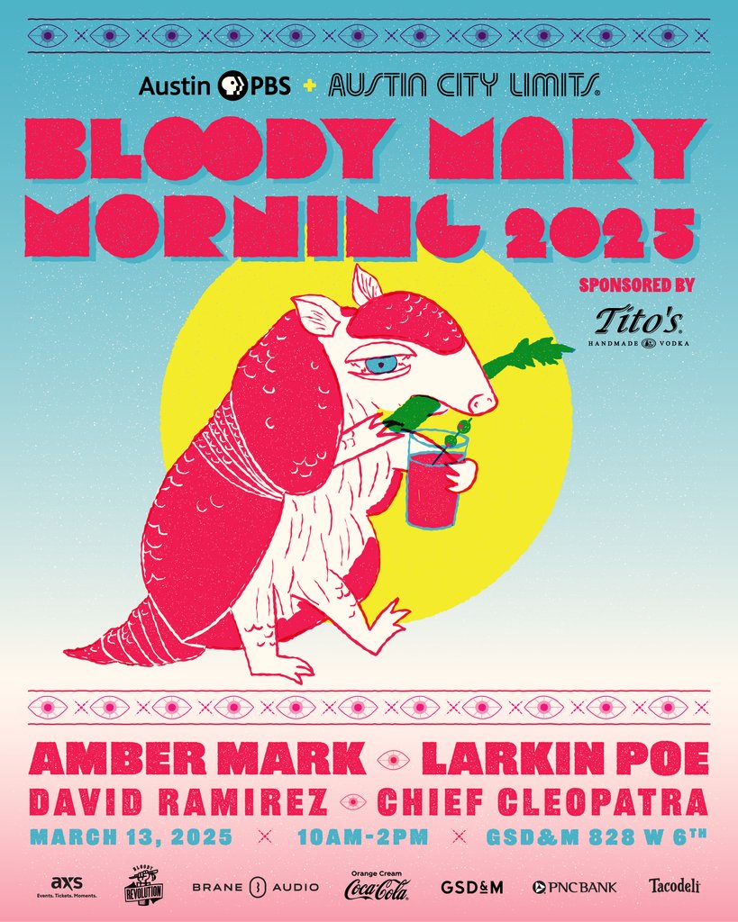 Austin City Limits (@acltv) on Twitter photo Join AUSTIN CITY LIMITS and @AUSTINPBS for our 11th annual BLOODY MARY MORNING sponsored by <a href="/TitosVodka/">TitosVodka</a> - at @gsdm on 3/13 with music from @AmberMark <a href="/LarkinPoe/">Larkin Poe</a>, David Ramirez and <a href="/ChiefCleopatra/">Chief Cleopatra</a>.
RSVP here: acltv.com/bloodymarymorn…
#austincitylimits #acltv #austin #atx Join AUSTIN CITY LIMITS and @AUSTINPBS for our 11th annual BLOODY MARY MORNING sponsored by <a href="/TitosVodka/">TitosVodka</a> - at @gsdm on 3/13 with music from @AmberMark <a href="/LarkinPoe/">Larkin Poe</a>, David Ramirez and <a href="/ChiefCleopatra/">Chief Cleopatra</a>.
RSVP here: acltv.com/bloodymarymorn…
#austincitylimits #acltv #austin #atx