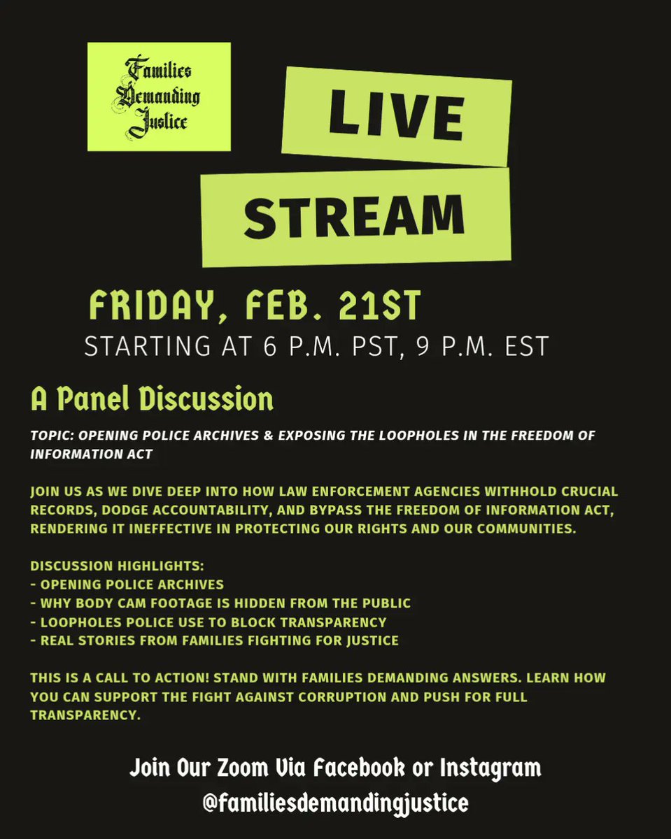 fams4justice's tweet photo. Tonight! Live Panel Discussion: Opening Police Archives &amp; Exposing FOIA Loopholes https://t.co/c7SNCYCWnk
