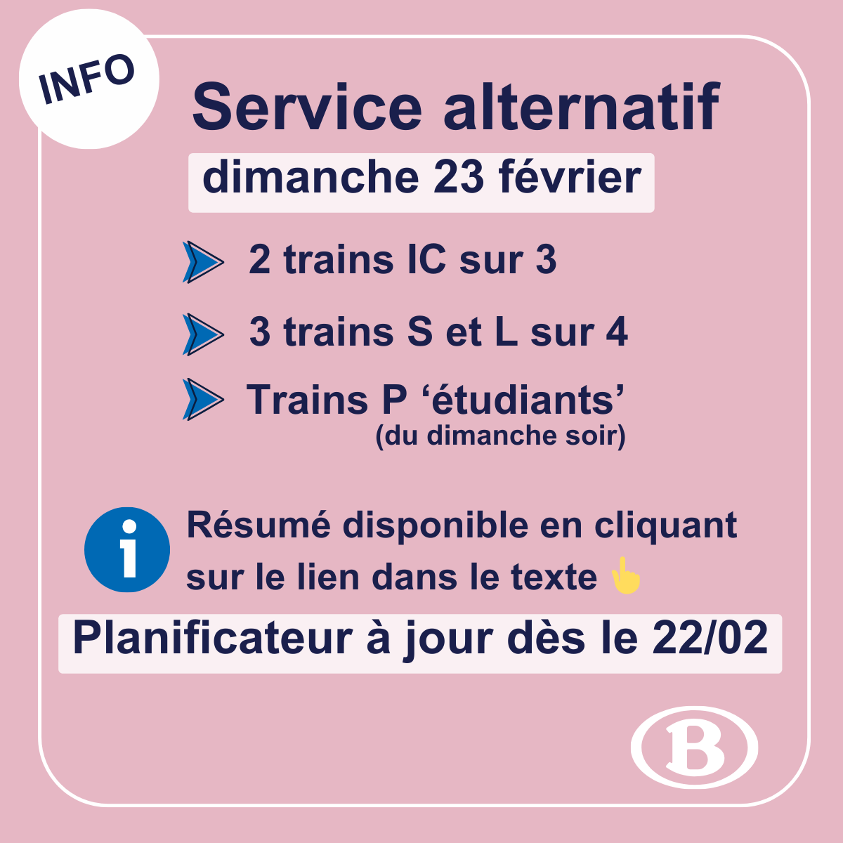 ⚠️Grève de 2 syndicats ferroviaires indépendants contre certaines mesures comprises dans l’accord de gouvernement.
📲Service alternatif visible 24h à l'avance dans le planificateur de voyages sur sncb.be et dans l'app SNCB.
ℹ️Plus d'infos : miniurl.be/r-5zcl