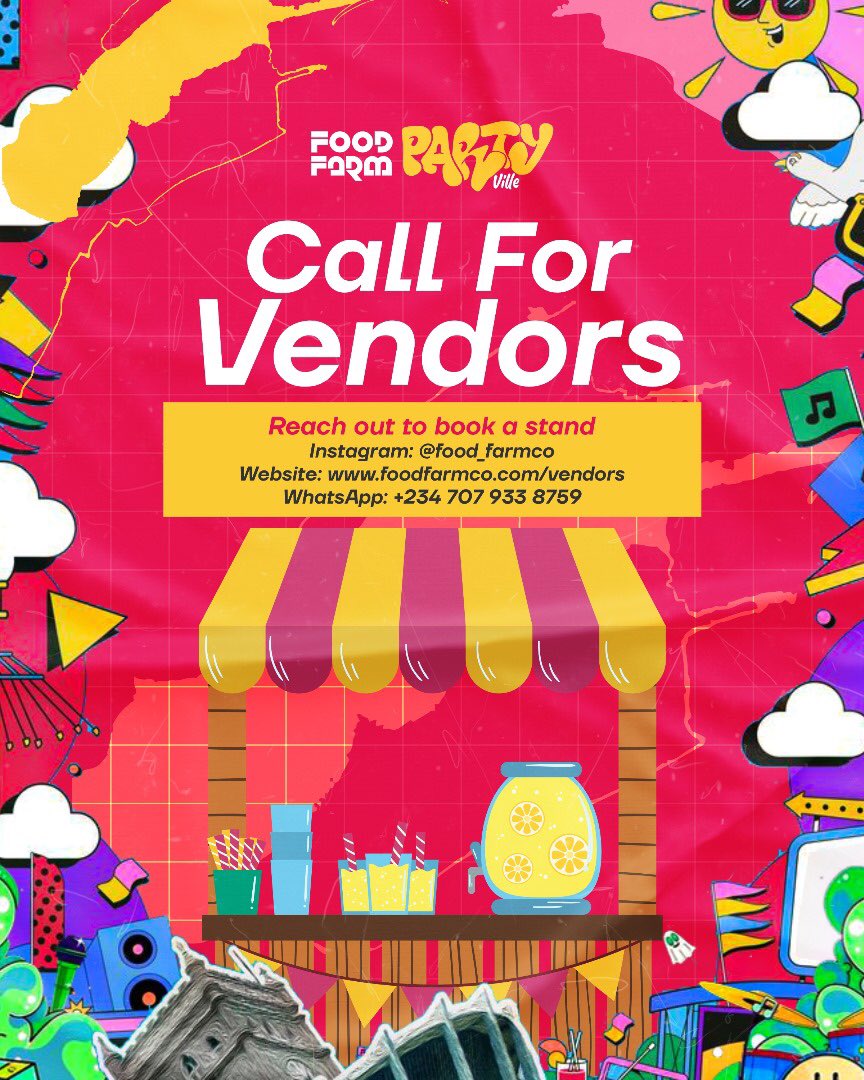 foodfarm_co's tweet photo. CALLING ALL VENDORS!🚨  

Food? Fashion? Drinks? Accessories? Beauty? Whatever your brand, Food Farm: Partyville is the place to showcase it! 🎉

Join us for an unforgettable experience with over 10K+ attendees in a vibrant, high-energy atmosphere.

📩 Secure your stand now! https://t.co/kWS5EhIVBI