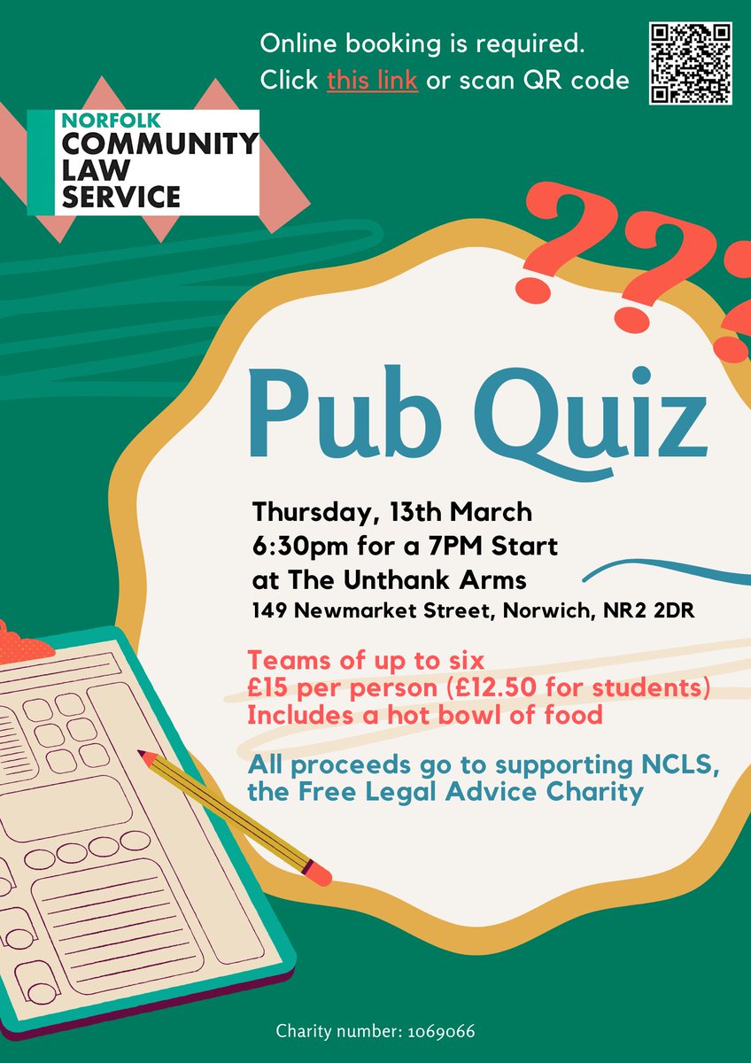 How good is your general knowledge? 💭

Gather your friends and family and join us on Thursday 13th March for an evening of fun, friendly competition.

All proceeds go to supporting the free legal advice work NCLS provides.

💻 Booking is required: tinyurl.com/NCLSPubQuiz