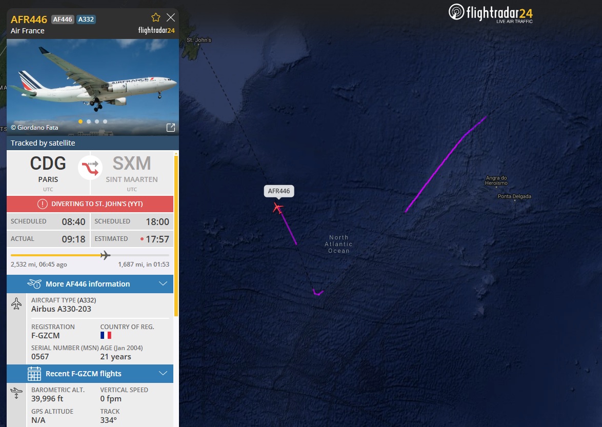 Airport Webcams on X: LIVE  INCIDENT: Air France AF446 ParisCDG to St  MaartenPrincess Juliana (Airbus A330-200 F-GZCM) is diverting to St  Johns, Canada. Track: t.comDxDJm0qmh @flightradar24 YYT webcam:  t.cohaJ2EbcB1g SXM webcams: