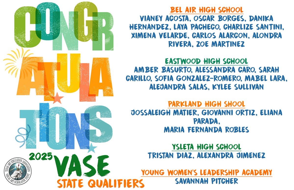 The <a href="/YsletaISD/">Ysleta ISD</a> Fine Arts Dept. would like to congratulate these AMAZING student artists for qualifying for the 2025 STATE VASE CONTEST! We are so proud of all your hard work, dedication and tremendous talent.