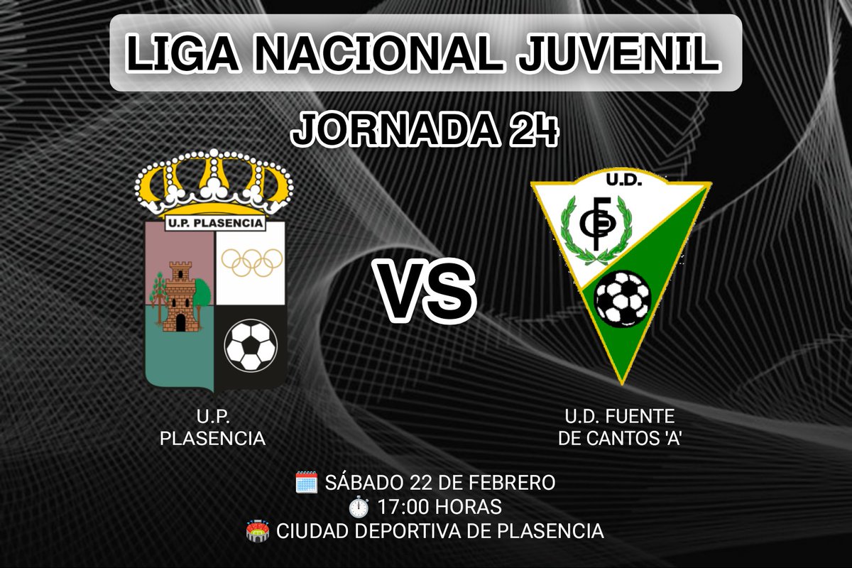 UPPlasencia_'s tweet photo. Mañana nuestros juveniles juegan en casa! ⚽

Vamos con todo! 💪🏽🤍🖤

@UPPlasencia_
🆚
@UDFDC

🗓️ Sábado 22 de febrero
📝 Jornada 24
⏱️ 17:00 horas
🏟️ Ciudad deportiva de Plasencia  

#yovuelvo
#50añosdeunion
#upplasencia
#vamoschavales https://t.co/ZmaiEJWLsD