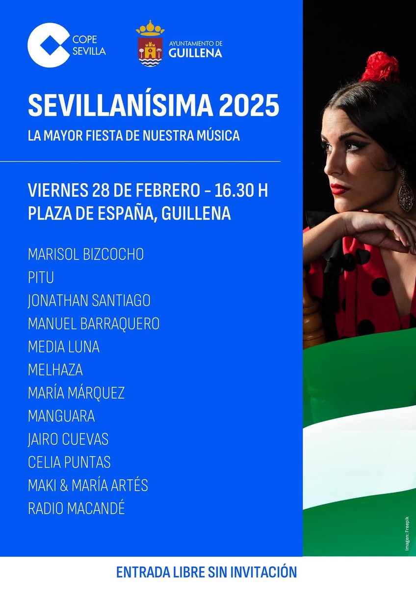 El 28 de febrero, a las 16:30, os espero en Guillena para celebrar el Día de Andalucía con música, arte y grandes artistas. ¡Va a ser una tarde inolvidable! 🎤💃

¡No os lo perdáis! 💚🤍💚

#DíaDeAndalucía #Sevillanísima