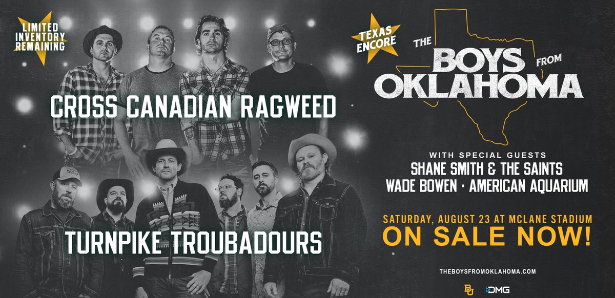 BaylorAthletics's tweet photo. The Boys from Oklahoma Texas Encore tickets at McLane Stadium on Aug. 23 are live!

🎟️ Purchase your tickets now: https://t.co/xK7Xq0vgWc

#SicEm | #TexasEncore https://t.co/LInymEsHGi