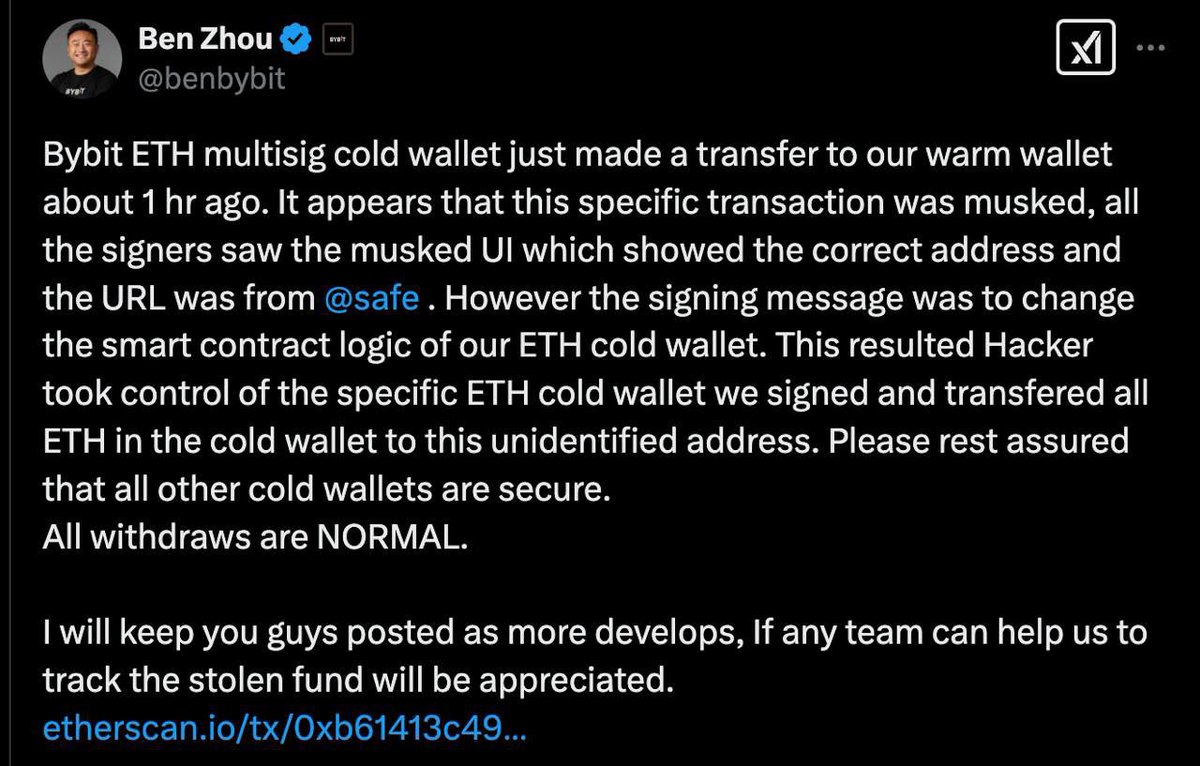 Memefi3's tweet photo. ByBit exchange was hacked and 1.4 billion dollars of Ethereum was stolen.😲
#Bybit 
#CryptoMarket https://t.co/EsfGMfpNHb