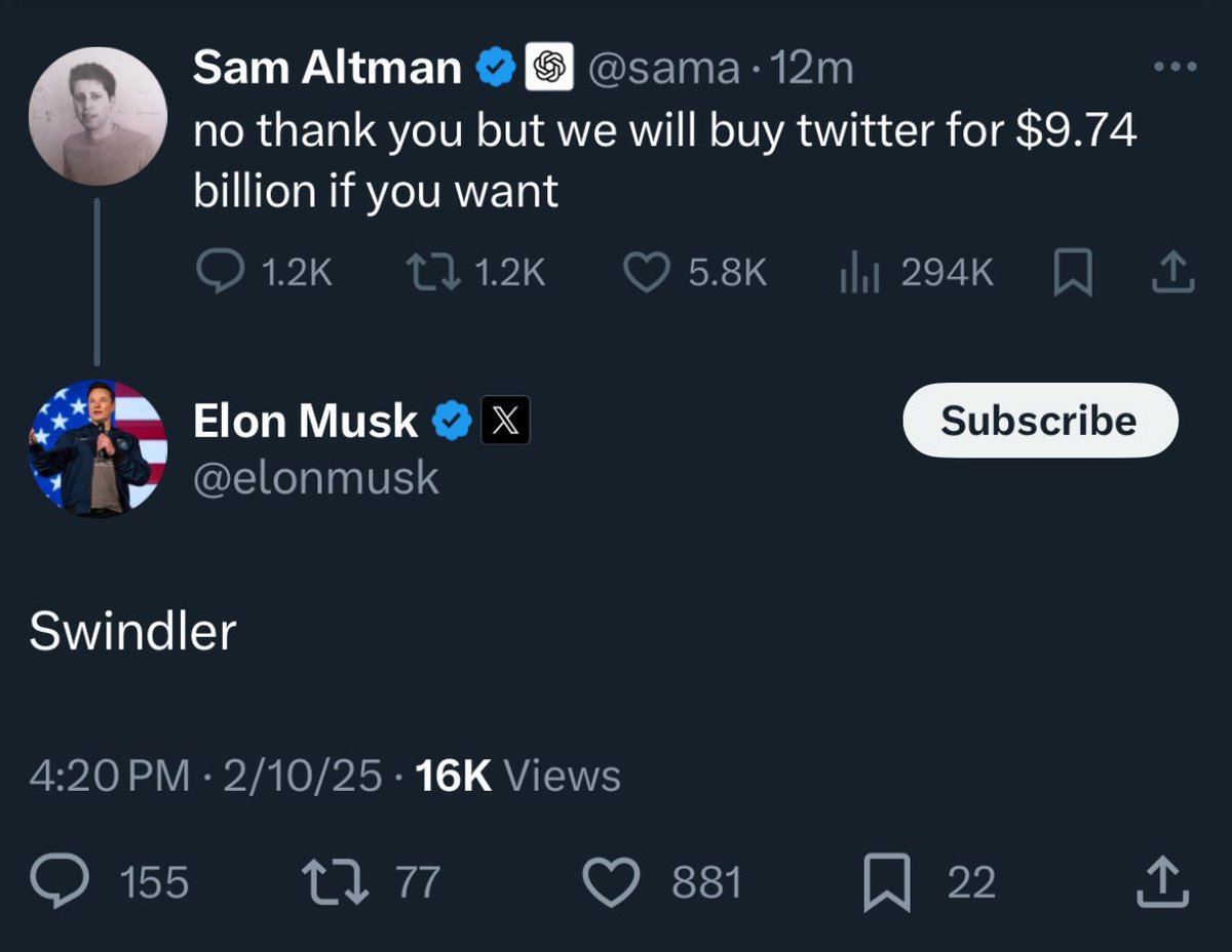 famenatics's tweet image. Musk: “I’ll buy OpenAI for $97.4B”
Altman: &quot;No thanks, but we’ll buy Twitter for $9.74B.”
Musk: SWINDLER! 😂
The AI war isn’t just business—it’s personal. Who’s in the right here? 🤔👇
📺 Watch: youtu.be/8OWmE6EU7ps
#AInews #OpenAI #TechFeud #GenerativeAI #ElonMuskNews