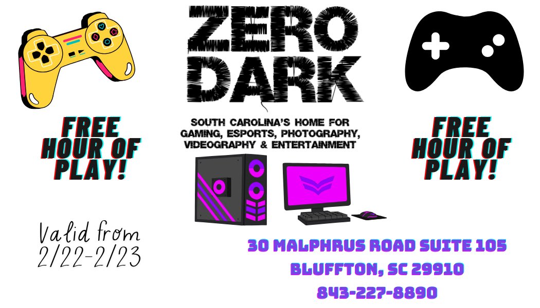 ZeroDarkEsports's tweet photo. FREE HOUR OF PLAY WEEKEND kicks off tomorrow through Sunday!
The first hour is on us!
One voucher per person.
Limited Space available.
Register here: https://t.co/z6JdVWpvY4 or call/text us at 843-227-8890
See you soon!
#ZeroDark https://t.co/B0HS3XF3by