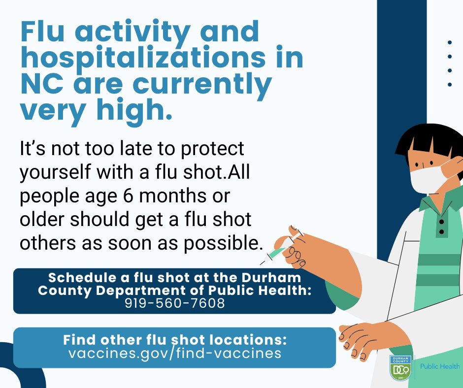 We're back in business after the snow! Need to get out the house? It's a great day to come in from your flu shot! Don't get hit by the current high rates of flu. Call at 919-560-7608 to schedule your shot, or visit us for a walk-in, first come, first served.
