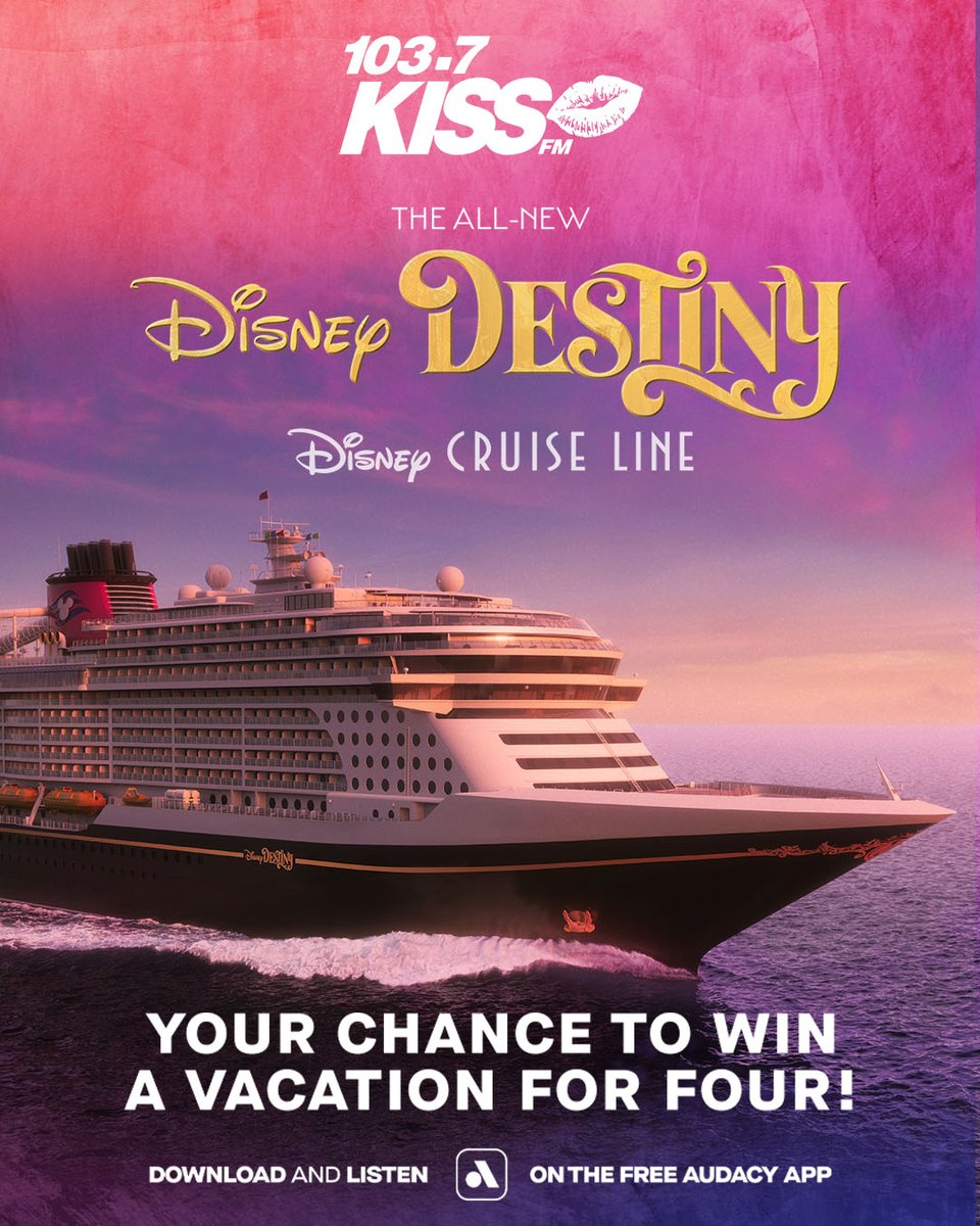 Your legend begins aboard the Disney Destiny, the all-new ship from Disney Cruise Line sailing November 2025! Log in and listen to 103.7 KISS FM on Audacy for a chance to win a trip for 4 to set sail on the Disney Destiny in this national contest! 🤩 bit.ly/3OLdGPb