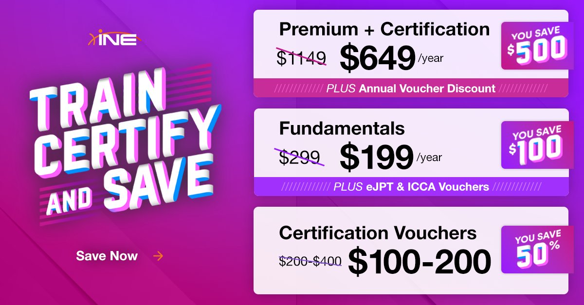 INEsecurity's tweet image. ⏰ LAST CHANCE ALERT! Don't miss out on our epic deals expiring at midnight EST! 

🟠 $500 off INE Premium + 1 FREE Certification
🟠 50% off INE Security Certifications
🟠 $100 off INE Fundamentals 

Save now: bit.ly/3WVZBll

#CybersecurityTraining #NetworkingSkills