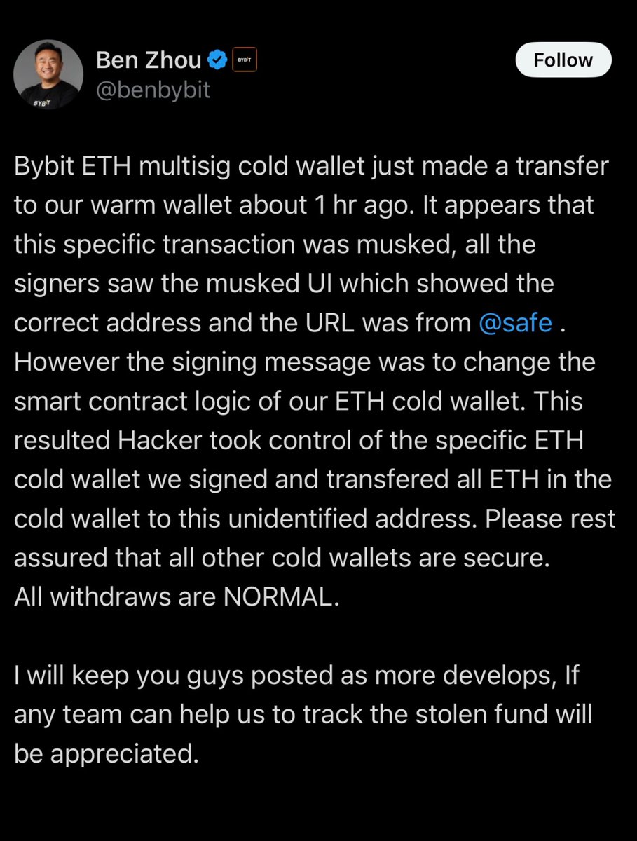 AutowhaleNet's tweet image. 🚨 Bybit’s ETH Cold Wallet Compromised in Sophisticated Hack 🚨
Bybit, one of the leading crypto exchanges, has confirmed a security breach involving its ETH multisig cold wallet.
The incident occurred after hackers manipulated the user interface (UI) during a transaction,…