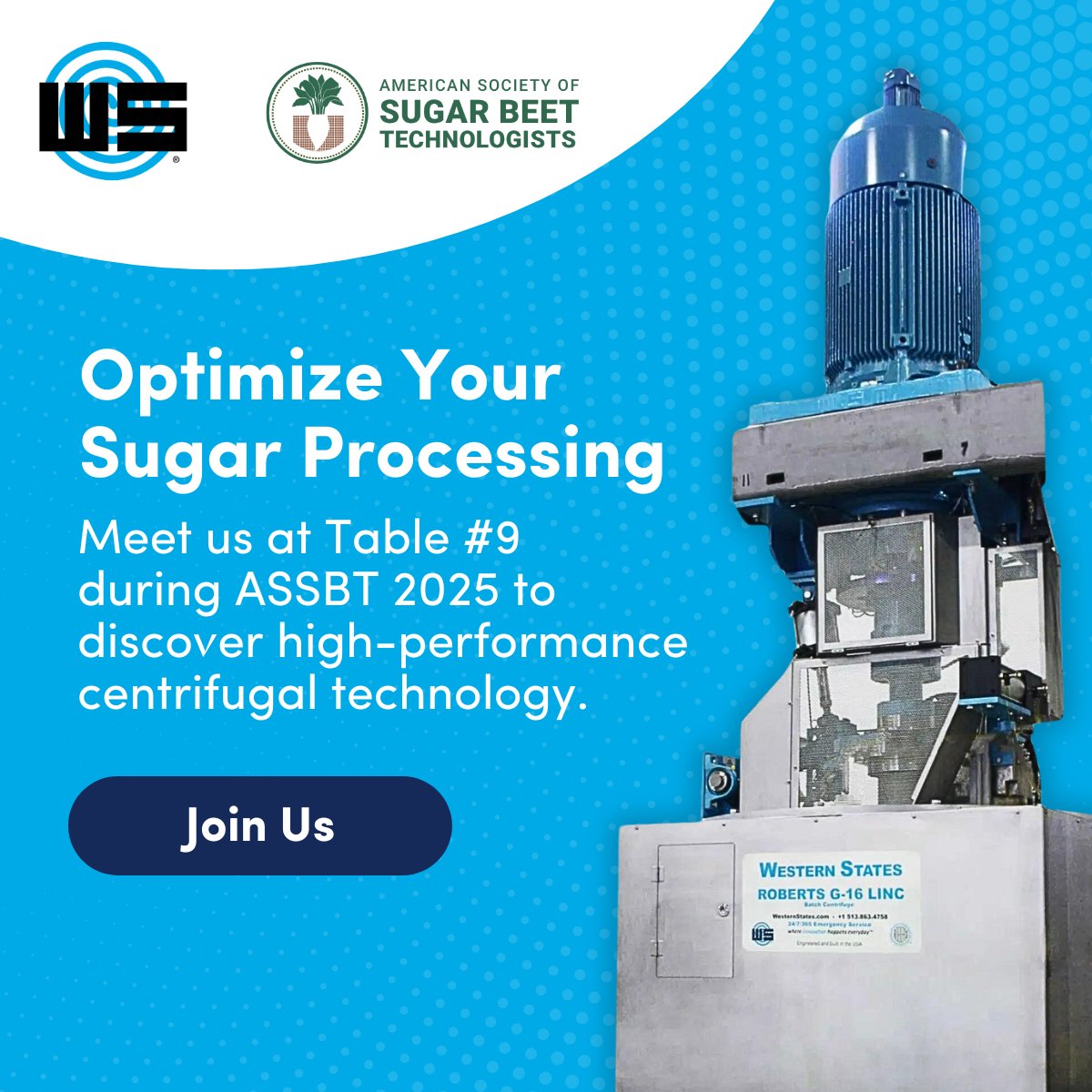 WSInnovation's tweet photo. Join us at the 43rd Biennial Meeting of the American Society of Sugar Beet Technologists! Western States is proud to be an Exhibitor showcasing industry-leading centrifugal solutions.
#ASSBT2025 #WesternStates #CentrifugeTechnology #SugarProcessing https://t.co/mXKCLNvlkL