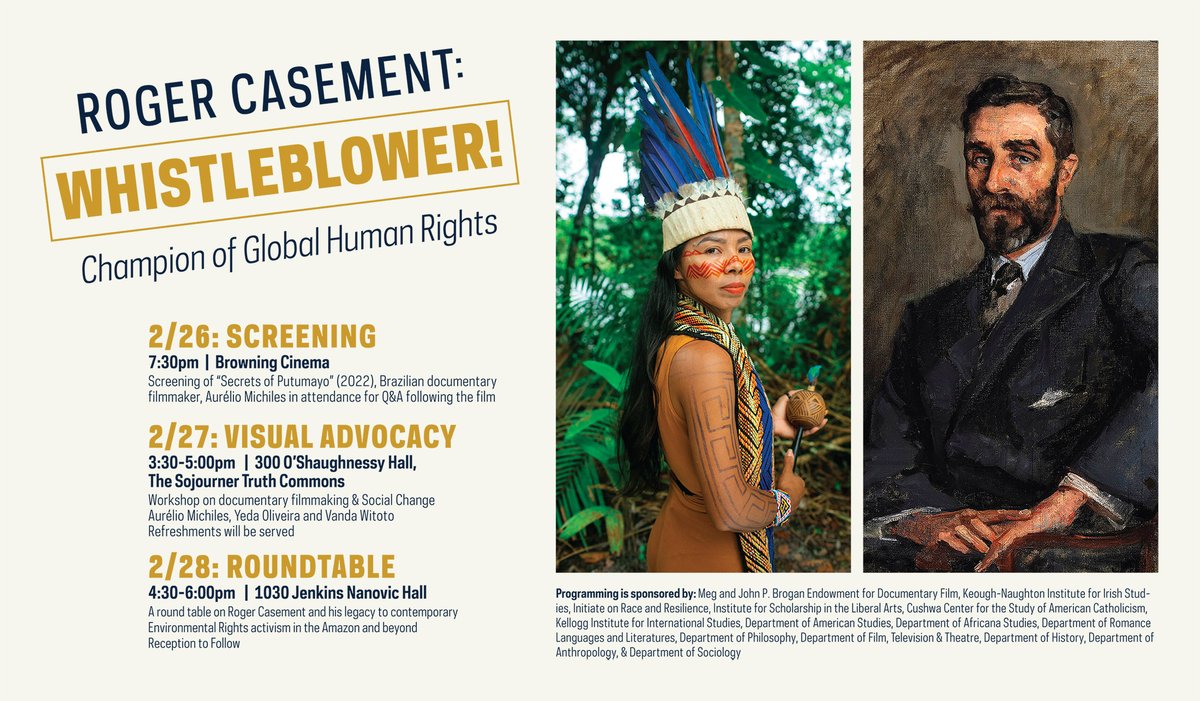 Join cosponsors from across campus Feb 26–8 for a 3-part symposium on the legacy of Roger Casement (1864–1916) for environmental rights activism in the Amazon &amp; beyond. Sessions include a film screening, workshop &amp; roundtable w/ ND faculty &amp; guest speakers—cushwa.nd.edu/events/2025/02…