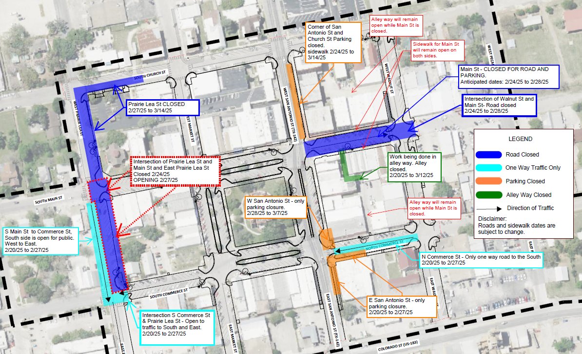 Beginning the week of February 24, there will be temporary traffic closures downtown while construction takes place.

See the closures and map on the City's website:  lockhart-tx.org/page/Downtown%…