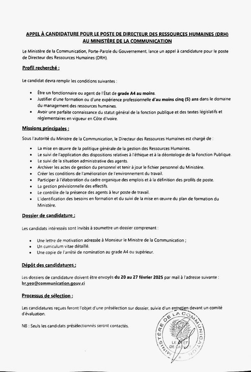 𝐀𝐏𝐏𝐄𝐋 𝐀 𝐂𝐀𝐍𝐃𝐈𝐃𝐀𝐓𝐔𝐑𝐄 𝐏𝐎𝐔𝐑 𝐋𝐄 𝐏𝐎𝐒𝐓𝐄 𝐃𝐄 𝐃𝐈𝐑𝐄𝐂𝐓𝐄𝐔𝐑 𝐃𝐄𝐒 𝐑𝐄𝐒𝐒𝐎𝐔𝐑𝐂𝐄𝐒 𝐇𝐔𝐌𝐀𝐈𝐍𝐄𝐒 (𝐃𝐑𝐇) 𝐀𝐔 𝐌𝐈𝐍𝐈𝐒𝐓𝐄𝐑𝐄 𝐃𝐄 𝐋𝐀 𝐂𝐎𝐌𝐌𝐔𝐍𝐈𝐂𝐀𝐓𝐈𝐎𝐍
#MICOM
