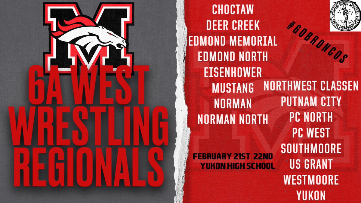 MHS Bronco Sports (@mhsbroncosports) on Twitter photo 🐴🤼 Good luck this weekend at OSSAA 6A Boys Wrestling Regionals <a href="/MustangBroncos_/">Mustang Wrestling</a>!
⏰ Friday 5:00 PM / Saturday 10:00 AM
📍 Yukon HS
📺 nfhsnetwork.com/playoffs/state…
🎟️ gofan.co/app/school/OSS…
#GoBroncos #Horsepower
<a href="/MustangSchools/">Mustang Public Schools</a> <a href="/MHS_Broncos/">MHSBroncos</a> <a href="/MHStheStable/">The Stable</a> 🐴🤼 Good luck this weekend at OSSAA 6A Boys Wrestling Regionals <a href="/MustangBroncos_/">Mustang Wrestling</a>!
⏰ Friday 5:00 PM / Saturday 10:00 AM
📍 Yukon HS
📺 nfhsnetwork.com/playoffs/state…
🎟️ gofan.co/app/school/OSS…
#GoBroncos #Horsepower
<a href="/MustangSchools/">Mustang Public Schools</a> <a href="/MHS_Broncos/">MHSBroncos</a> <a href="/MHStheStable/">The Stable</a>