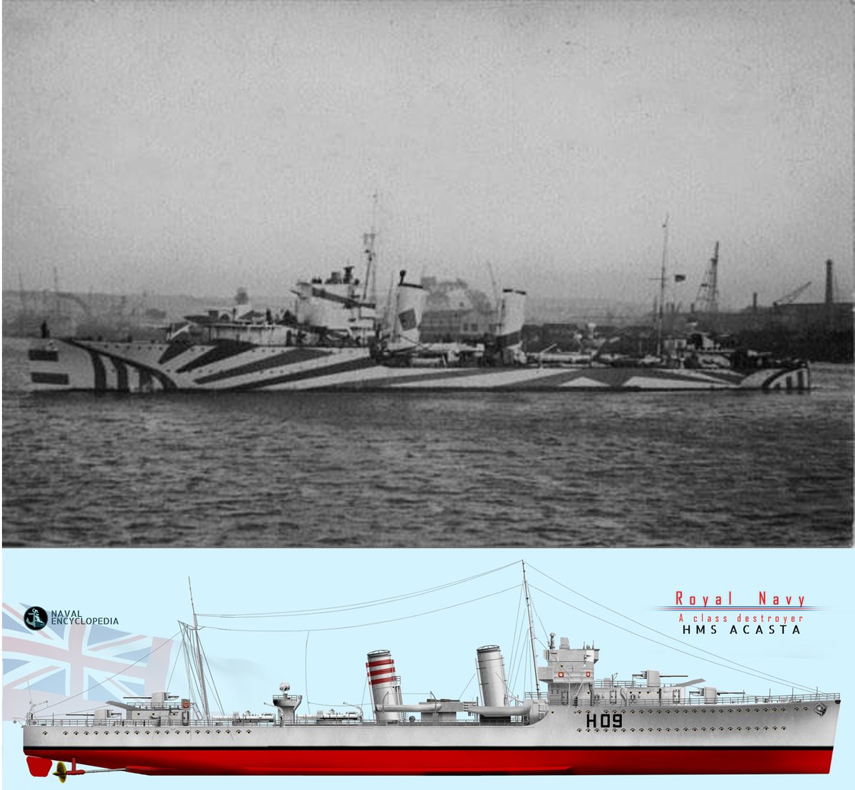 NavalEncyclope1's tweet photo. A/B class destroyers Update, first profile of a long serie on interwar & WW2 British Destroyers based on plans... HMS Acasta, lead vessel as completed (below) and in her June 1940 camouflage when escorting HMS Glorious #hmsacasta #ww2 #hmsglorious #britishdestroyer #royalnavy https://t.co/zrjFJKH7lu