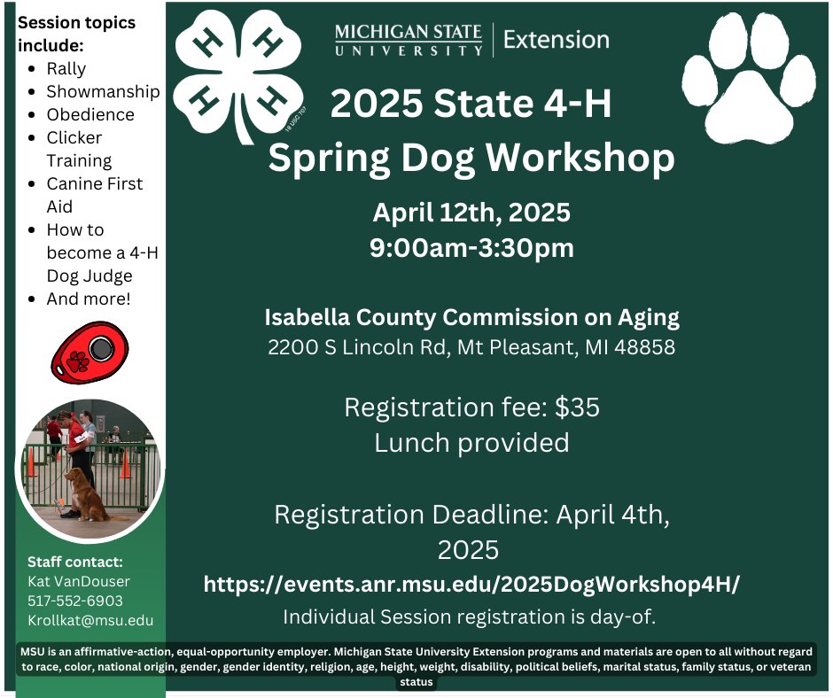 Michigan4H's tweet image. Looking to level up your dog training, husbandry, and show skills? New to the 4-H dog project? Join us on April 12th for our Spring 4-H Dog Workshop! Pre-registration is required. Registration closes on April 4th! To register, please visit: events.anr.msu.edu/2025DogWorksho…