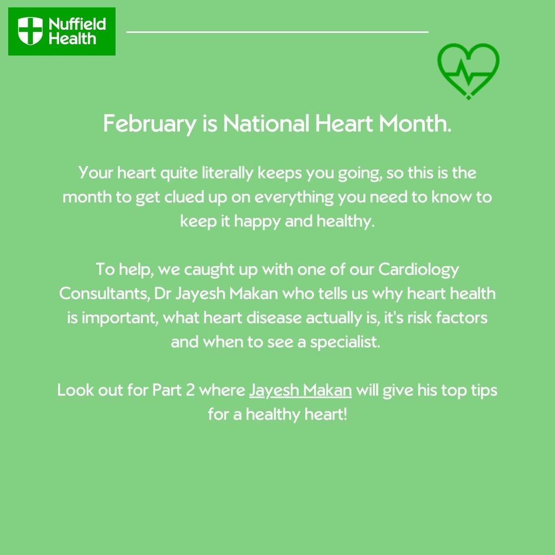 NuffHealthShrew's tweet photo. #NationalHeartMonth 💚

Consultant Cardiologist, Dr Jayesh Makan, tells us why heart health is important, what heart disease actually is, it's risk factors and when to see a specialist.

#nuffieldhealth #buildingahealthiernation #healthyheart https://t.co/WXBBlv0LVm
