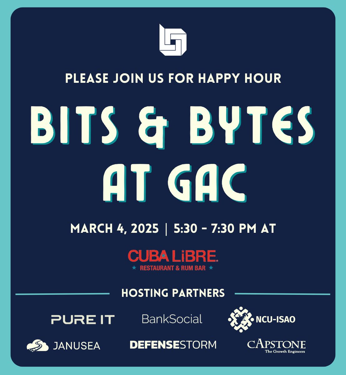 BANKSOCIALio's tweet photo. ⚡If you are at #GAC2025 - We will be hosting Bits and Bytes, a laid-back, high-energy happy hour 🍹with Pure IT Credit Union Services.
March 4th at #GAC
#BankSocial
#CreditUnions
#BitsAndBytes
#Innovation https://t.co/Dn0yjAVtFG