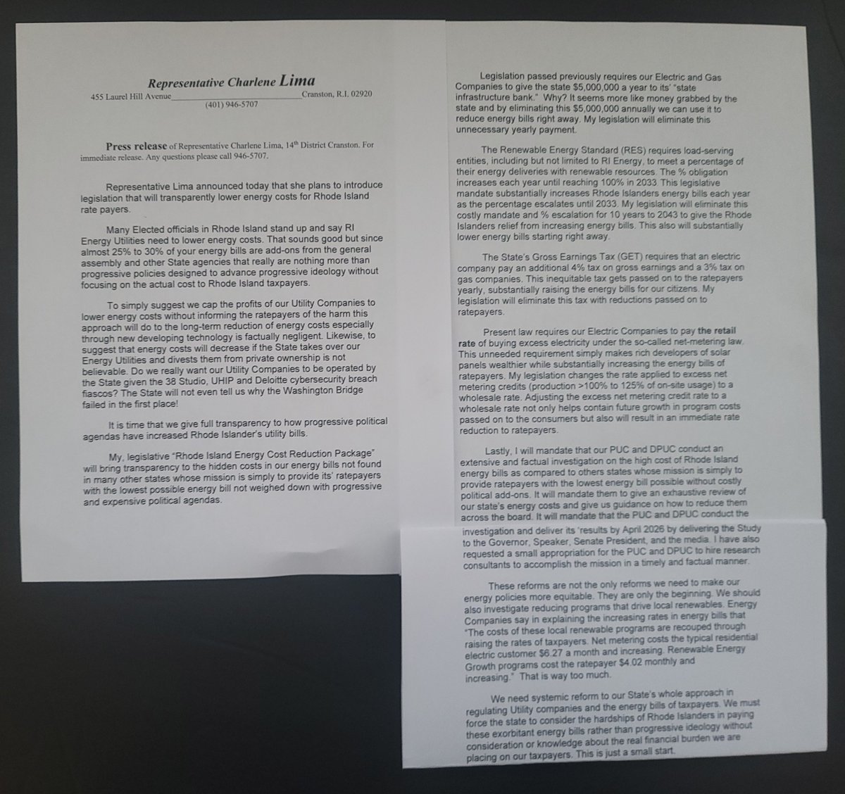 CharleneLimaRI's tweet image. Press Release gives details of hidden State costs increasing your energy bills. If you want lower energy bills call your Reps and Senators and tell them to support my energy reduction package and the Lima elimination of Social Security tax on Seniors NOW not years from now!!!
