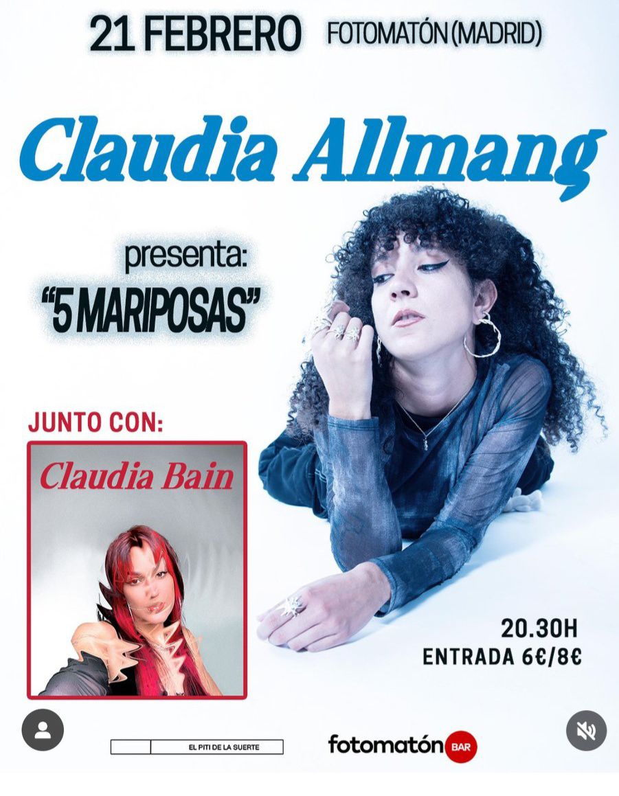 HOY viernes, <a href="/claudiallmang/">Claudia Allmang</a> + #ClaudiaBain en Madrid,
En breve se cierra la venta de entradas anticipadas a precio reducido en <a href="/Mutick_com/">Mutick</a>
mutick.com/e/entradas-cla…
+ link en bio.

#evento,
facebook.com/events/2727821…