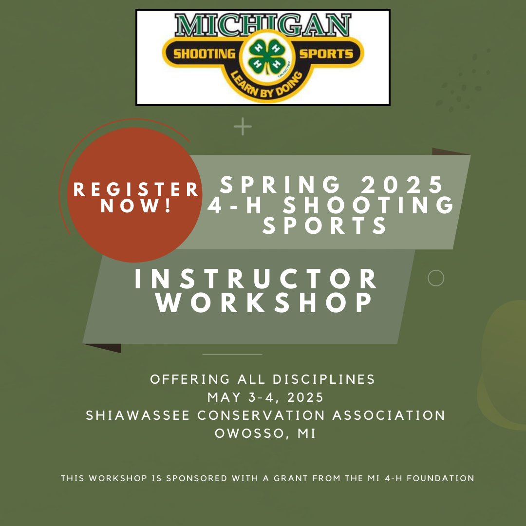 Michigan4H's tweet image. Registration is open for the Spring Shooting Sports Instructor Training May 3rd &amp;amp; 4th in Owosso! Join us for 2 days of classes focused on everything you need to know to teach Shooting Sports fundamentals as part of a 4-H Youth Development Program. Register events.anr.msu.edu/2025SpringWork…