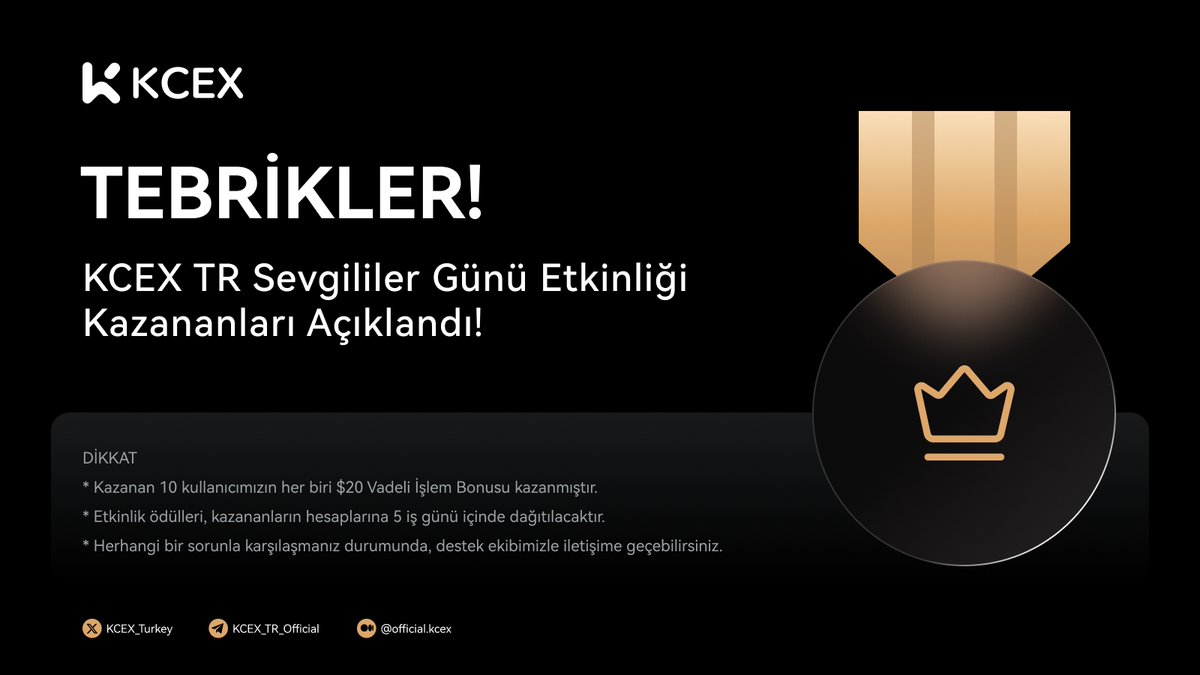 🏆 #KCEX’ten Sevgililer Günü Etkinliği Kazananları Açıklandı! 🎊

✨ Kazananları tebrik ederiz! 🏆 KCEX UID bilginizi ve Telegram kullanıcı adınızı 22 Şubat saat 23.59'a kadar iletiniz.

Ödülleriniz, 7 iş günü içerisinde hesabınıza dağıtılacaktır! 🎁

💫 Daha fazla sürpriz ve