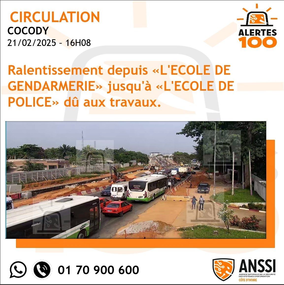 #alertes100_circulation 

COCODY 

Ralentissement depuis «L'ECOLE DE GENDARMERIE» jusqu'à «L'ECOLE DE POLICE» dû aux travaux.