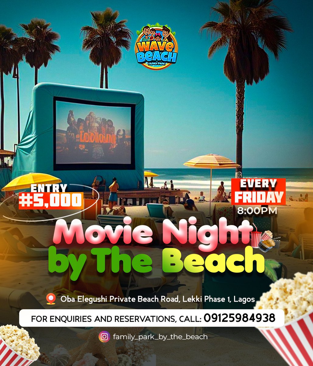 Ready to ditch your couch for a sandy seat? Friday movie nights by the waves are calling your name! Grab your crew and come on in!

For inquiries and reservations:   wa.me/2349125984938  
 
Entry: N5,000.