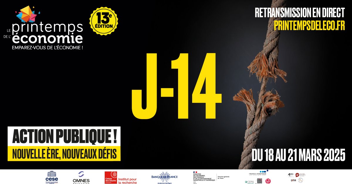J-14⚡️13e #printempsdeleco  "ACTION PUBLIQUE ! NOUVELLE ÈRE, NOUVEAUX DÉFIS" du 18 au 21 mars au <a href="/lecese/">CESE</a> 🔸30 events 🔸120 intervenant(e)s 🔸
Programme &amp; inscriptions : printempsdeleco.fr/13e-edition-20…
▶️Retransmission en direct
#état #dette #actionpublique #impôts #santé #investissement
