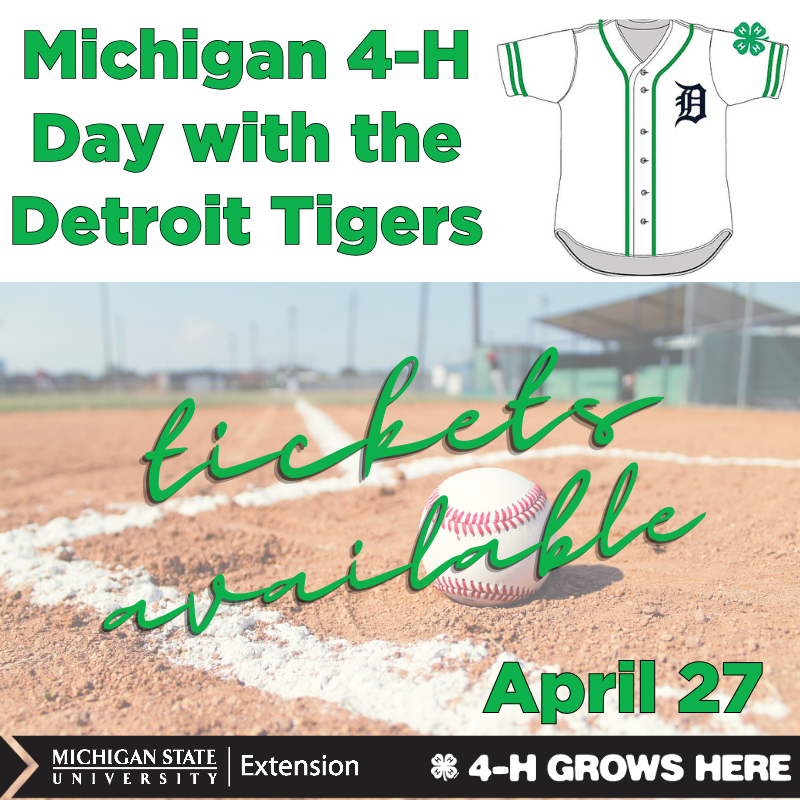 Michigan4H's tweet image. Join MI 4-H &amp;amp; MSU Extension for a fun day at Comerica Park to watch the Detroit Tigers take on the Baltimore Orioles on Sunday, April 27! Receive a co-branded Michigan 4-H &amp;amp; Detroit Tigers jersey and make a donation to 4-H with your ticket! Tickets: fevo-enterprise.com/event/MI4H.