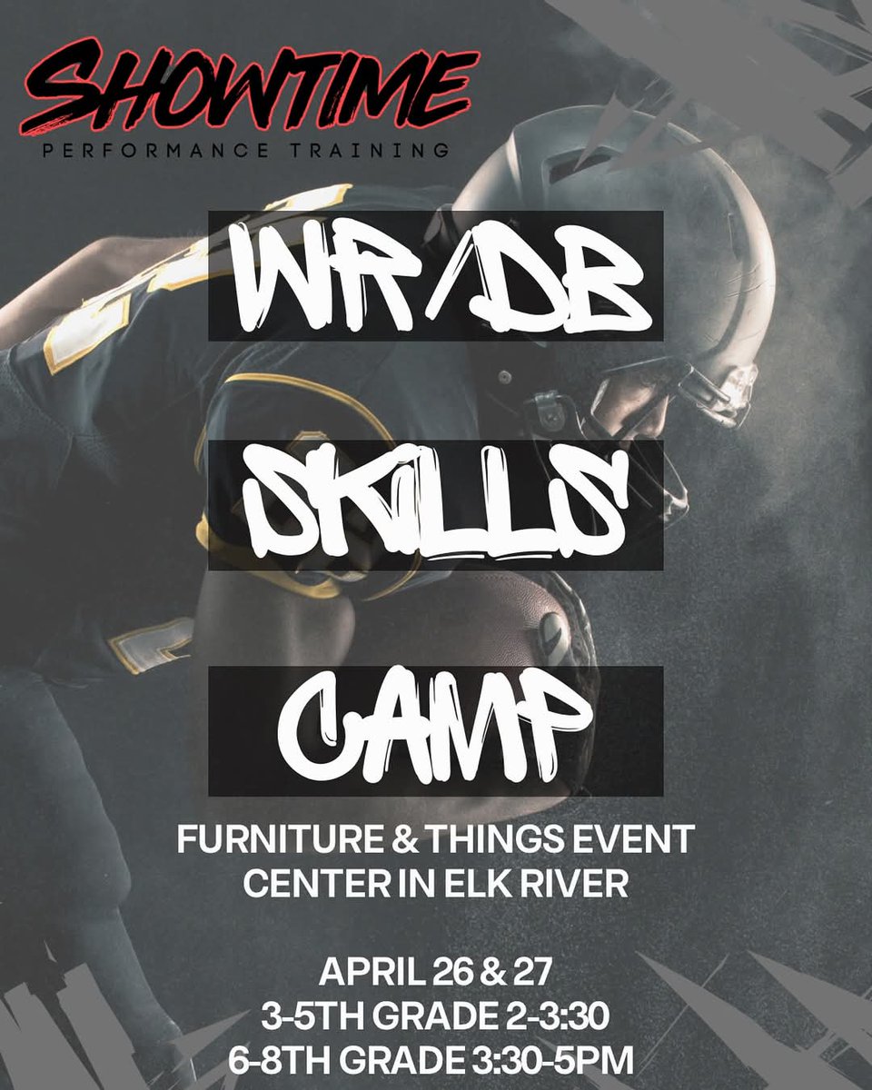 Attention WR/DB's... It's Showtime!

<a href="/Emoneyshow/">Eric Harrison</a> &amp; <a href="/M_GriffinJR/">Michael Griffin Jr.</a> Are here to develop your son's skills at Wr &amp; Db.  

Elite football skills training from the best in the state!

Elk River April 26/27.  

3-5 &amp; 6-8 grades!

promnathletics.sportngin.com/register/form/…

<a href="/Ryder_Vylasek/">Ryder Vylasek</a>