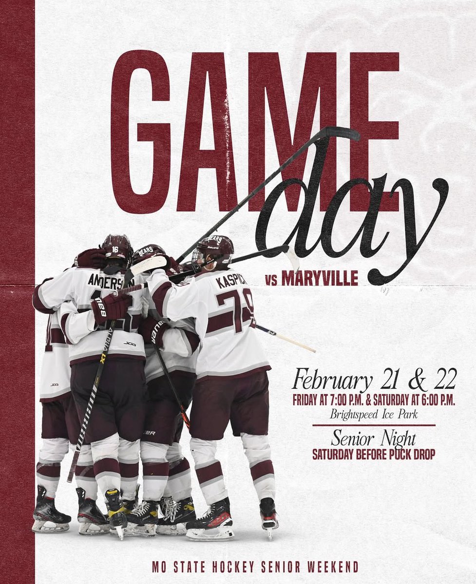 MO State Ice Hockey (@mostatehockey) on Twitter photo The time is here for the last home series of the season!
The Ice Bears face Maryville tonight and tomorrow for a rematch. Tonight is <a href="/Sgf_Cardinals/">Springfield Cardinals</a> night as well as <a href="/MOStateTC/">Traditions Council</a>’s pullover giveaway!! Saturday night, prior to puck drop, we will honor our six seniors! The time is here for the last home series of the season!
The Ice Bears face Maryville tonight and tomorrow for a rematch. Tonight is <a href="/Sgf_Cardinals/">Springfield Cardinals</a> night as well as <a href="/MOStateTC/">Traditions Council</a>’s pullover giveaway!! Saturday night, prior to puck drop, we will honor our six seniors!