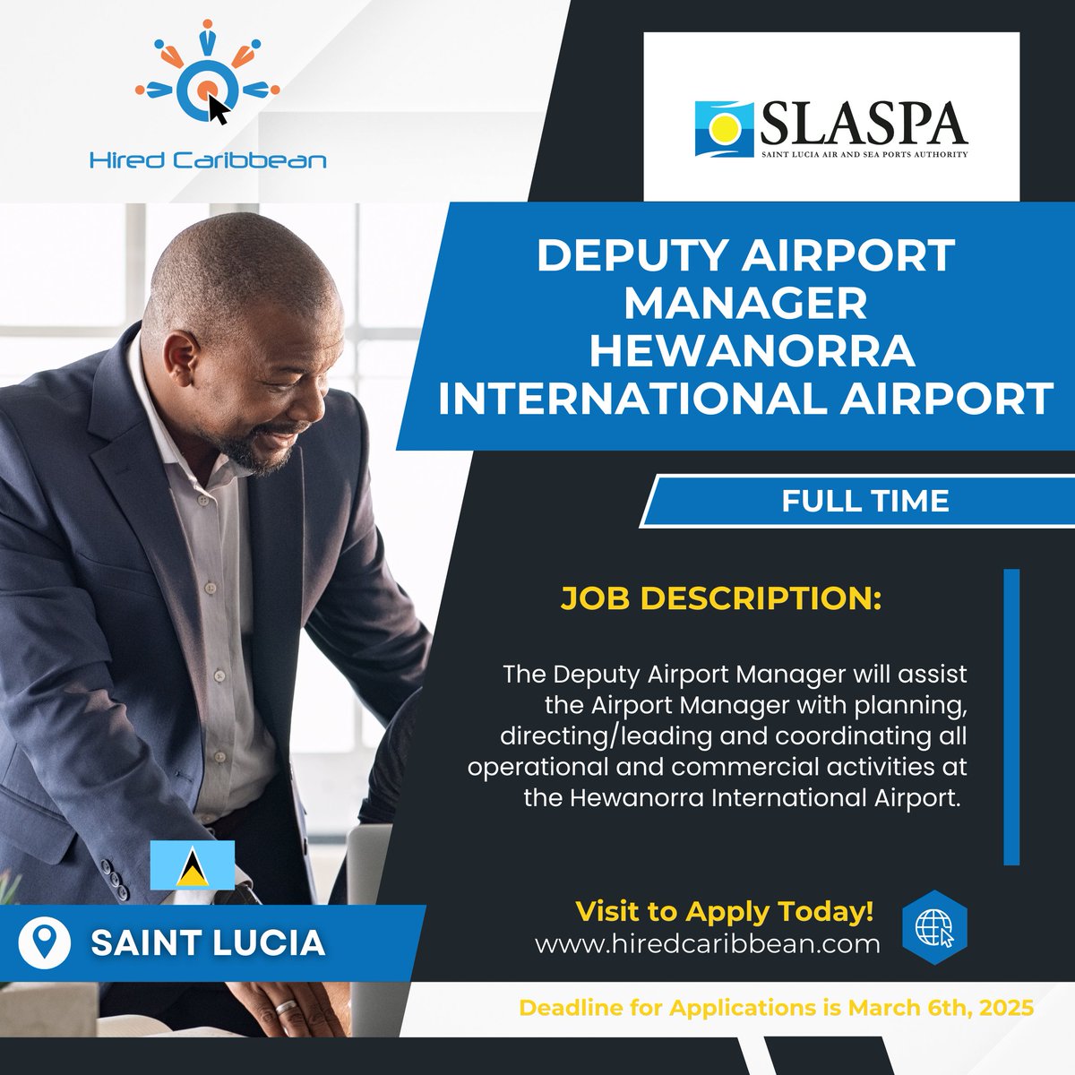 hiredcaribbean's tweet photo. The Saint Lucia Air and Sea Ports Authority is Hiring!
- Duty Manager – Terminal Operations
- Duty Manager – Customer Service
-Deputy Airport Manager- HIA
-Wildlife Assistant
Find more information or and apply here https://t.co/PQhjJk7mOA
#HiredCaribbean #GetHired #SLASPA https://t.co/ZjoRqaVbwg