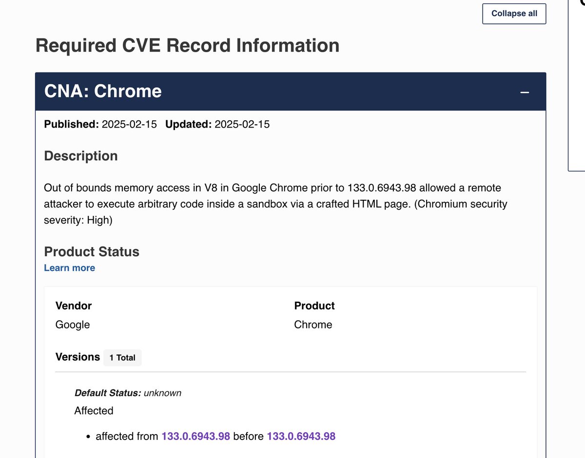 CVE-2025-0998: hackers can execute arbitrary code in Chrome browser through a carefully crafted webpage.

(maybe)

cve.org/CVERecord?id=C…