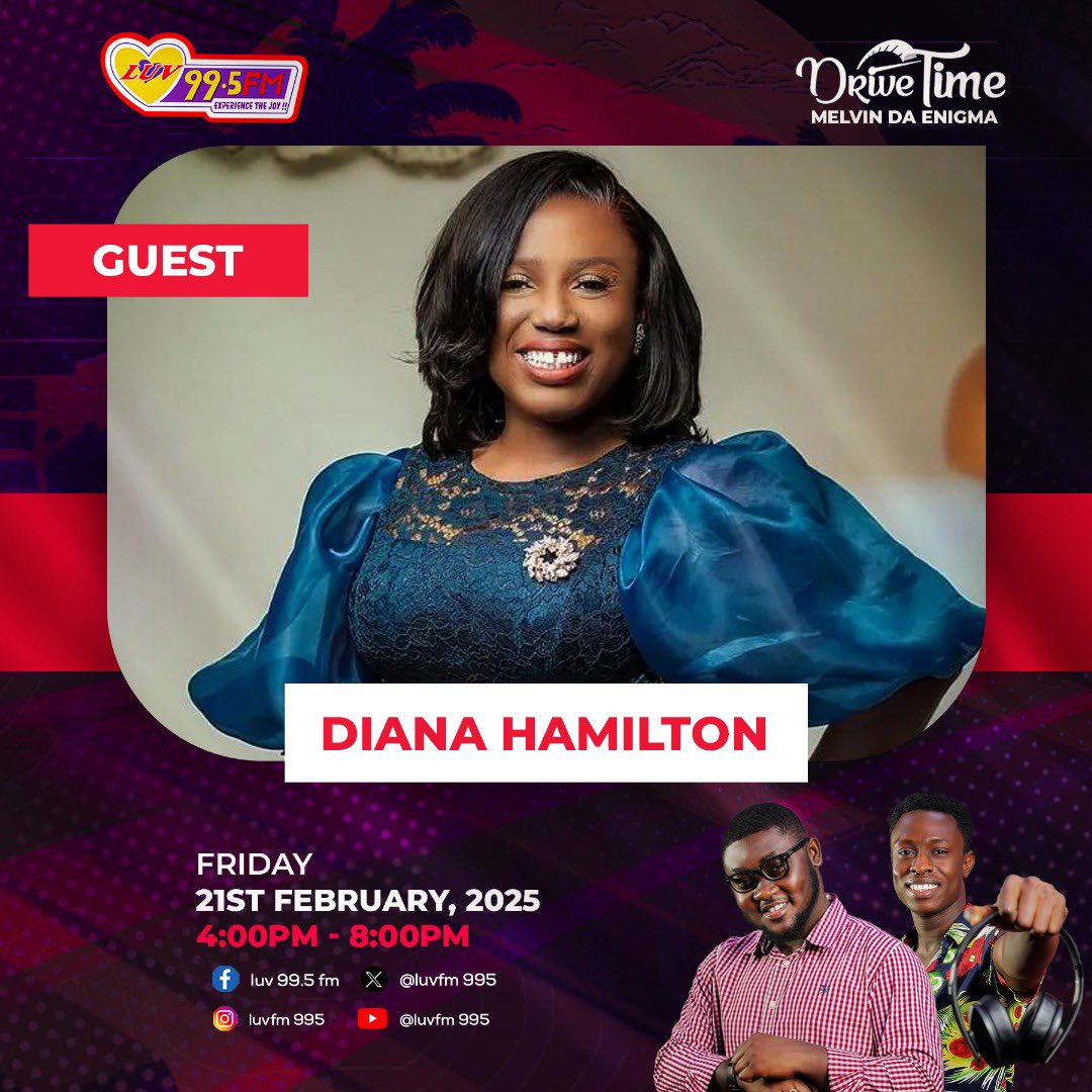 LuvFM995's tweet image. Gospel musician @dianaahamilton is our special guest #DriveTimeOnLuv to talk about her #AwakeExperience on Sunday, 23rd February 2025 at Bantama Pentecost Church.
