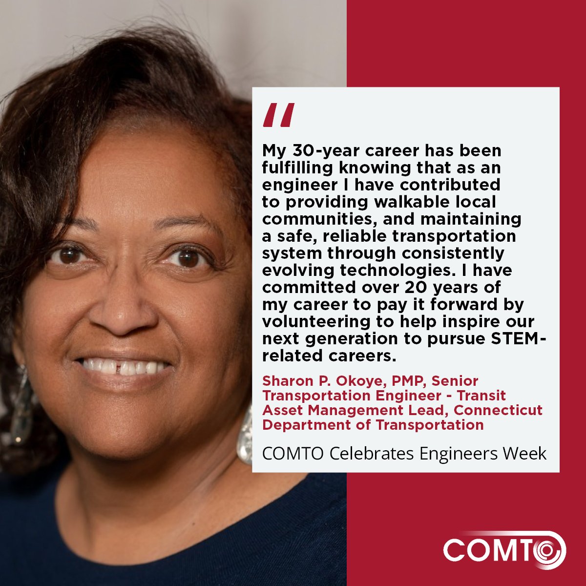 COMTO_HQ's tweet image. Celebrating Engineers Week! Sharon Okoye of COMTO Connecticut and @CTDOTOfficial encourages those new to the field to stay committed even through challenges and be open to take on new opportunities. 

#COMTO #EngineersWeek #DesignYourFuture