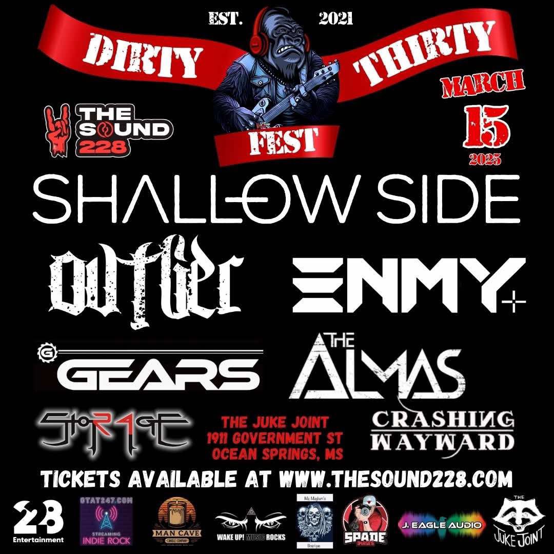 The Sound (@thesound228) on Twitter photo ‼️THREE WEEKS AWAY‼️
Join us for Dirty Thirty Fest on Saturday, March 15th at <a href="/MSJukeJointBar/">MS Juke Joint</a> in Ocean Springs, MS with <a href="/shallowsideband/">Shallow Side</a> <a href="/ovtlierband/">𝖔𝖛𝖙𝖑𝖎𝖊𝖗</a> <a href="/enmymusic/">ΞNMY</a> <a href="/OfficialGears1/">GEARS</a> <a href="/AlmasTheBand/">The Almas</a>, Storage 24, and <a href="/CrashingWayward/">Crashing Wayward</a>!
Must be 21+ to attend: thesound228.com ‼️THREE WEEKS AWAY‼️
Join us for Dirty Thirty Fest on Saturday, March 15th at <a href="/MSJukeJointBar/">MS Juke Joint</a> in Ocean Springs, MS with <a href="/shallowsideband/">Shallow Side</a> <a href="/ovtlierband/">𝖔𝖛𝖙𝖑𝖎𝖊𝖗</a> <a href="/enmymusic/">ΞNMY</a> <a href="/OfficialGears1/">GEARS</a> <a href="/AlmasTheBand/">The Almas</a>, Storage 24, and <a href="/CrashingWayward/">Crashing Wayward</a>!
Must be 21+ to attend: thesound228.com