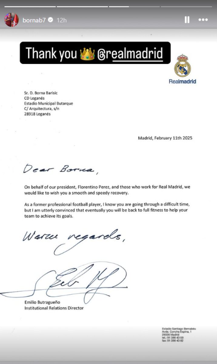 MadridXtra's tweet photo. 📲 Borna Barisić, Leganés &amp; Croatia player, tore his ACL last week...

Real Madrid sent him a letter to wish him a speedy recovery. 🤍 https://t.co/8mJeJ85LO6