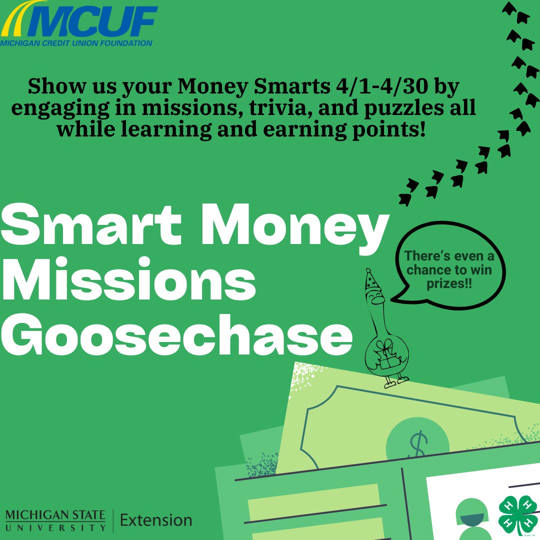 Michigan4H's tweet image. Hey MI teens 13-19! Join the Smart Money Mission on the GooseChase app for a month of exciting challenges, trivia, &amp;amp; puzzles.
✅ Win 1 of 10 $50 Amazon gift cards
📲 How? Download GooseChase, create a username (your full name), &amp;amp; register canr.msu.edu/events/smart-m… .