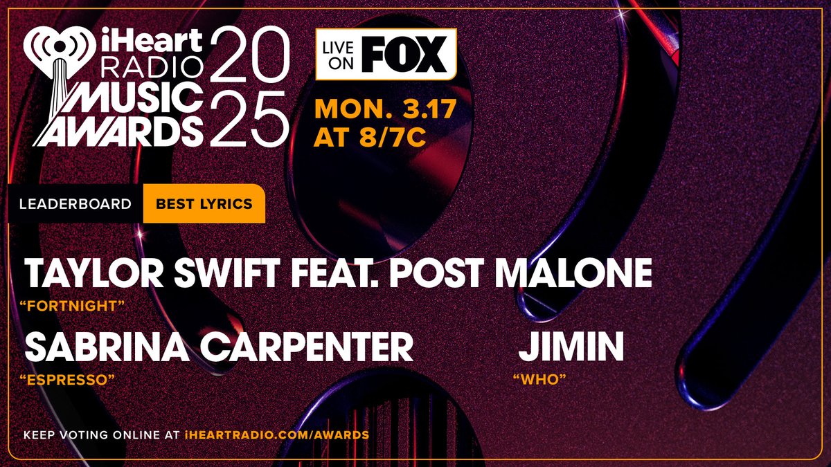 iHeartRadio's tweet photo. WEEK 3 LEADERBOARDS: Best Lyrics
⭐️ @taylorswift13 feat. @PostMalone 
⭐️ @SabrinaAnnLynn 
⭐️ #Jimin 

Continue voting at https://t.co/nkJki2ceQz! #iHeartAwards