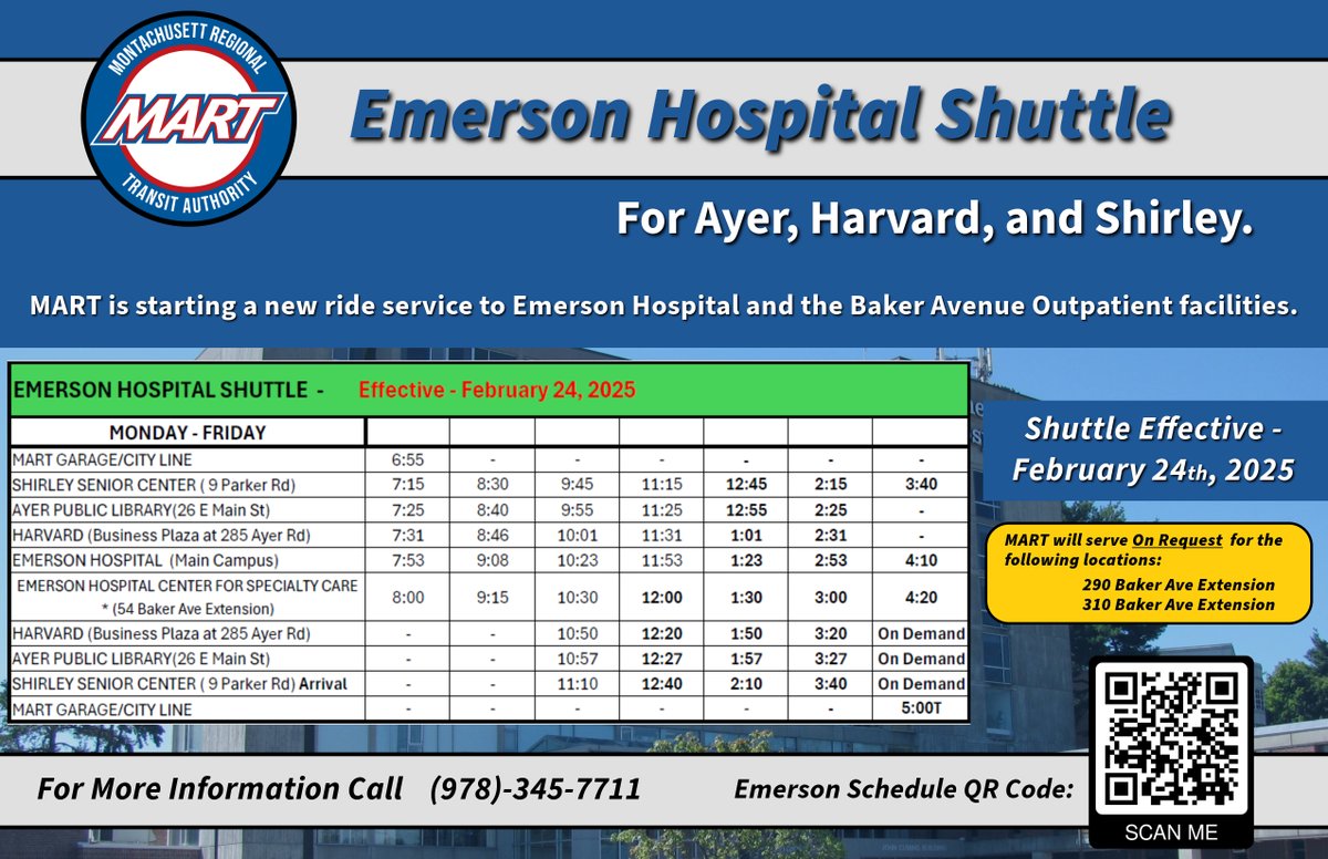 🚍 New Free Shuttle to Emerson Health – Starts Feb. 24! 🚍 MART shuttle from Ayer, Shirley, and Harvard to Emerson's Concord campus with request stops. ✅ Free ✅ Convenient Call 978-345-7711 for info. #EmersonHealth #FreeShuttle #CommunityCare #AyerMA #HarvardMA #ShirleyMA