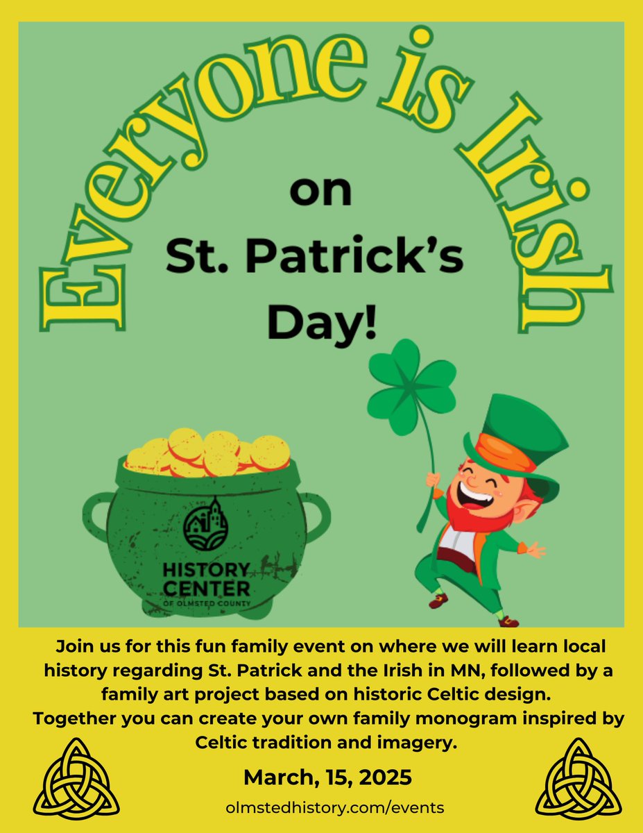 HCOC's tweet image. Get ready for some Irish magic! Join us for this fun family event on March 15th from 10am - 11:15am where we will learn local history regarding St. Patrick and the Irish in MN, followed by a family art project based on historic Celtic design. #hcoc