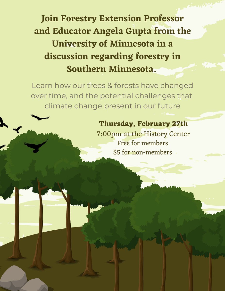 HCOC's tweet image. Join us at the History Center on February 27th, 2025 from 7pm - 8:30pm with Forestry Extension Professor and Educator Angela Gupta from the University of Minnesota in a discussion regarding forestry in Southern Minnesota. Learn how trees and forests have changed over time. #hcoc
