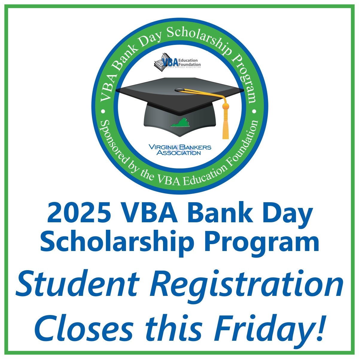 We're excited for <a href="/vabankers/">VBA</a> Bank Day Scholarship Program! Share with family and friends of high school seniors who can earn up to $7,500 in scholarships! Register by Feb 28 here: forms.office.com/r/SgdDztqqxq #vabankers #vbabankday