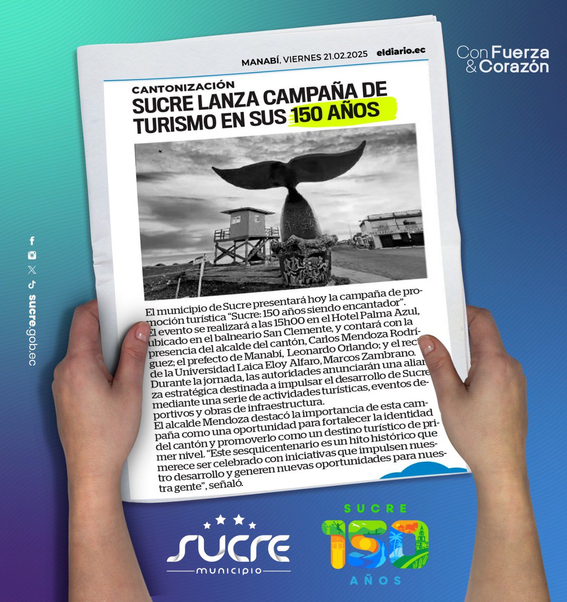 Nuestro Sucre, la joya costera de Manabí, celebra este año 150 años de historia, tradición y belleza natural. Por ello, hoy lanzamos nuestra campaña de turismo en honor a su aniversario.