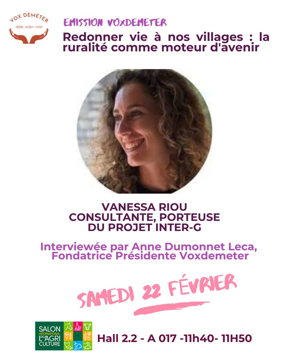 VoxDemeter's tweet image. Nous avons attendons demain sur le stand @VillageSemence au Hall 2.2 du #sia2025 à 11h50 pour écouter le 1er témoignage, celui de Vanessa Riou &quot;redonner vie à nos villages: la ruralite comme moteur d&apos;avenir&quot;, interviewée par @AnneLeca 
@semae_officiel